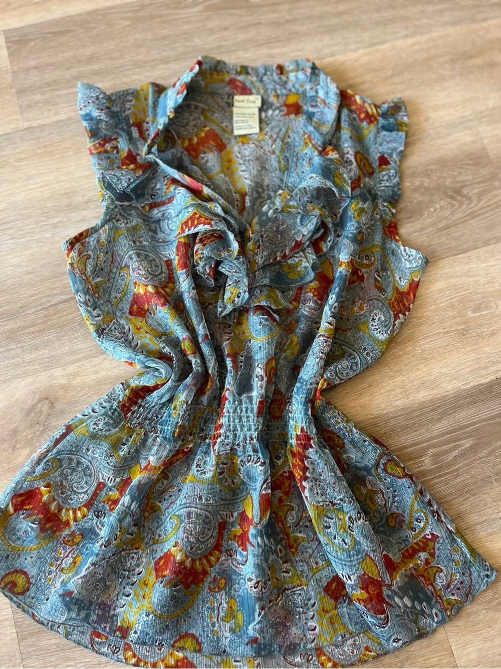 Ruffled Paisley Sleeveless Blouse - Blue Multi